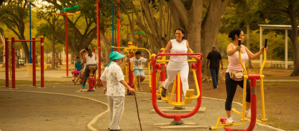Zona biosaludable con personas mayores ejercitándose.