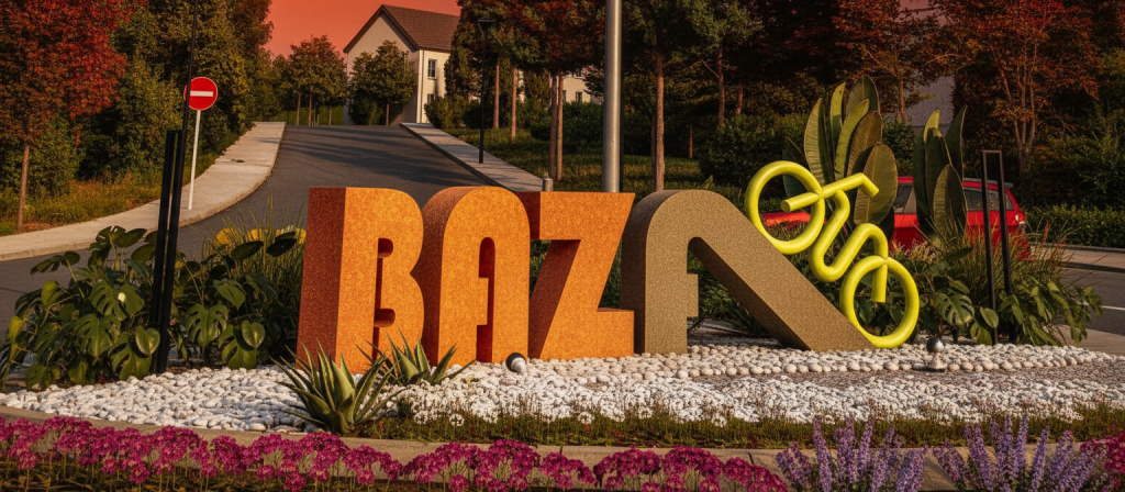 Letras “BAZA” iluminadas con decoración floral urbana.